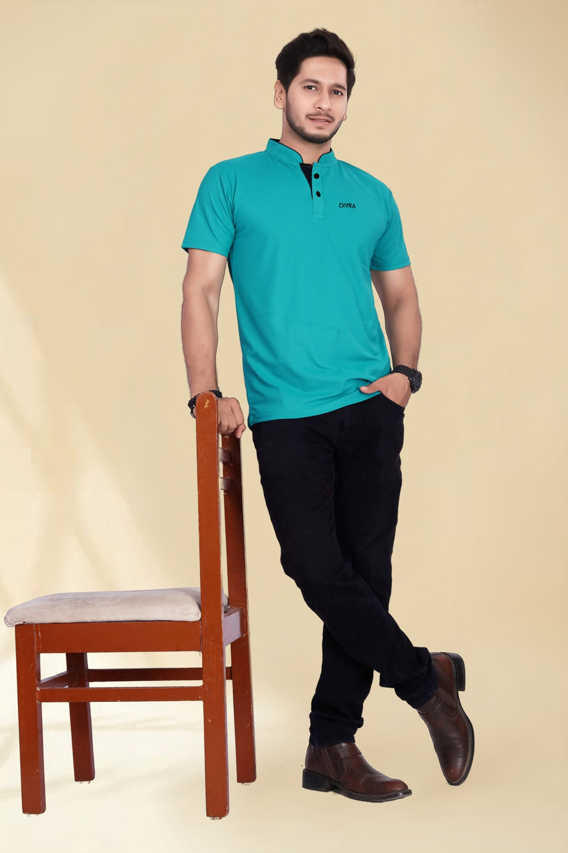 Buy Mandarin Collar Tshirt for Men Turquoise Blue online