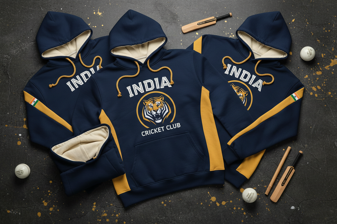 Group of Indians wearing matching custom printed navy hoodies in urban setting