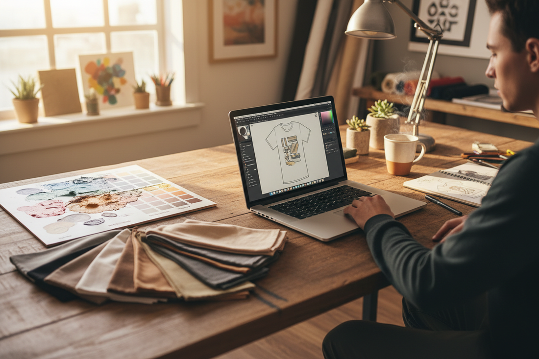 Indian designer creating custom t-shirt design on laptop with fabric swatches