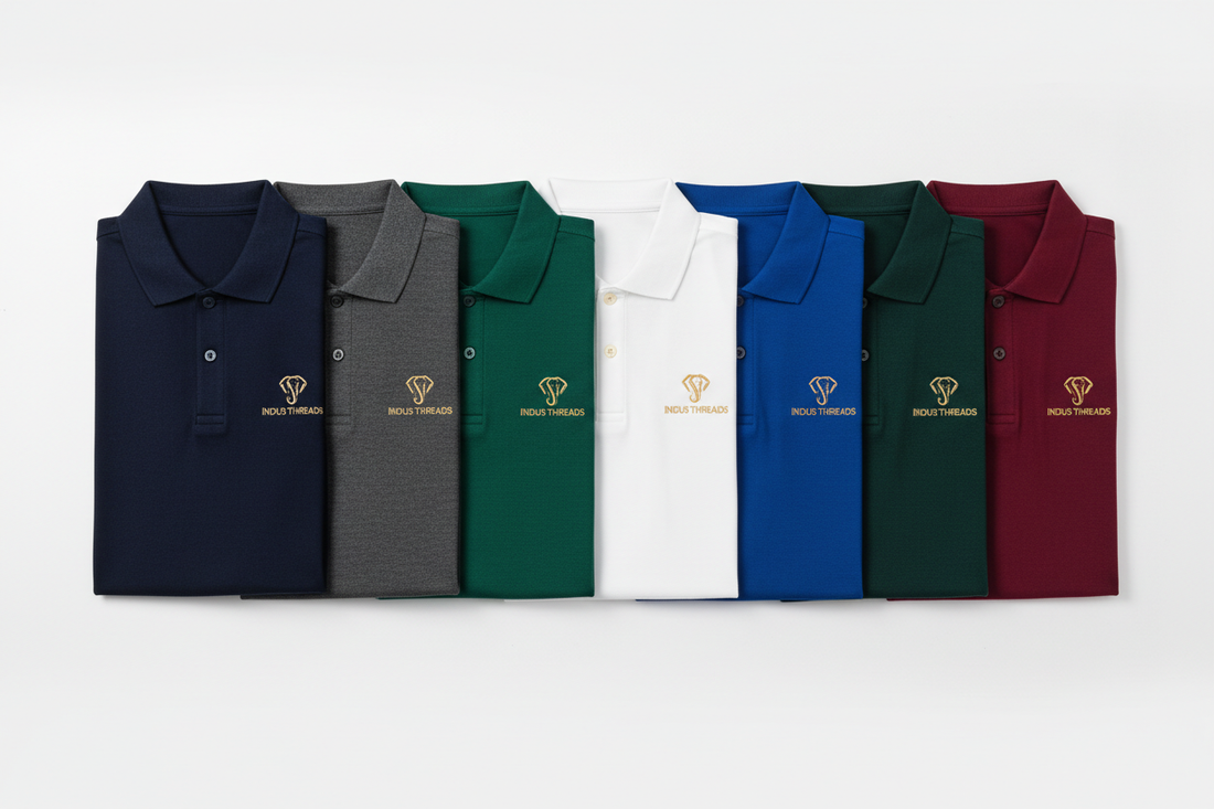 Premium navy polo t-shirts flat lay with embroidered logo on cream background
