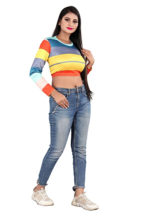 Round Neck Long Sleeve Multicolor Rainbow Crop Top