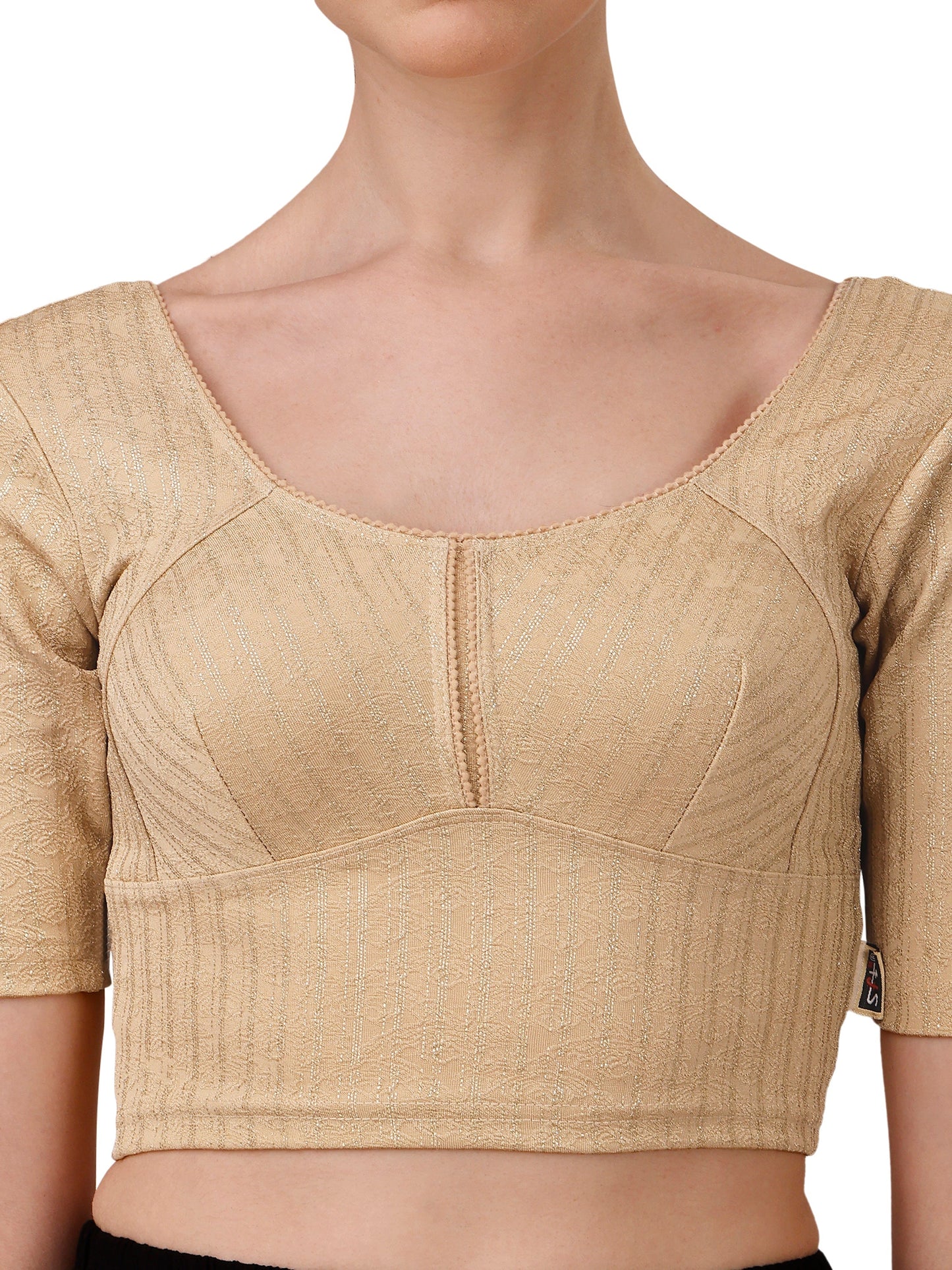 Buy Round Neck Cotton Lycra Stretchable Elbow Sleeves Readymade Saree Blouse Online.