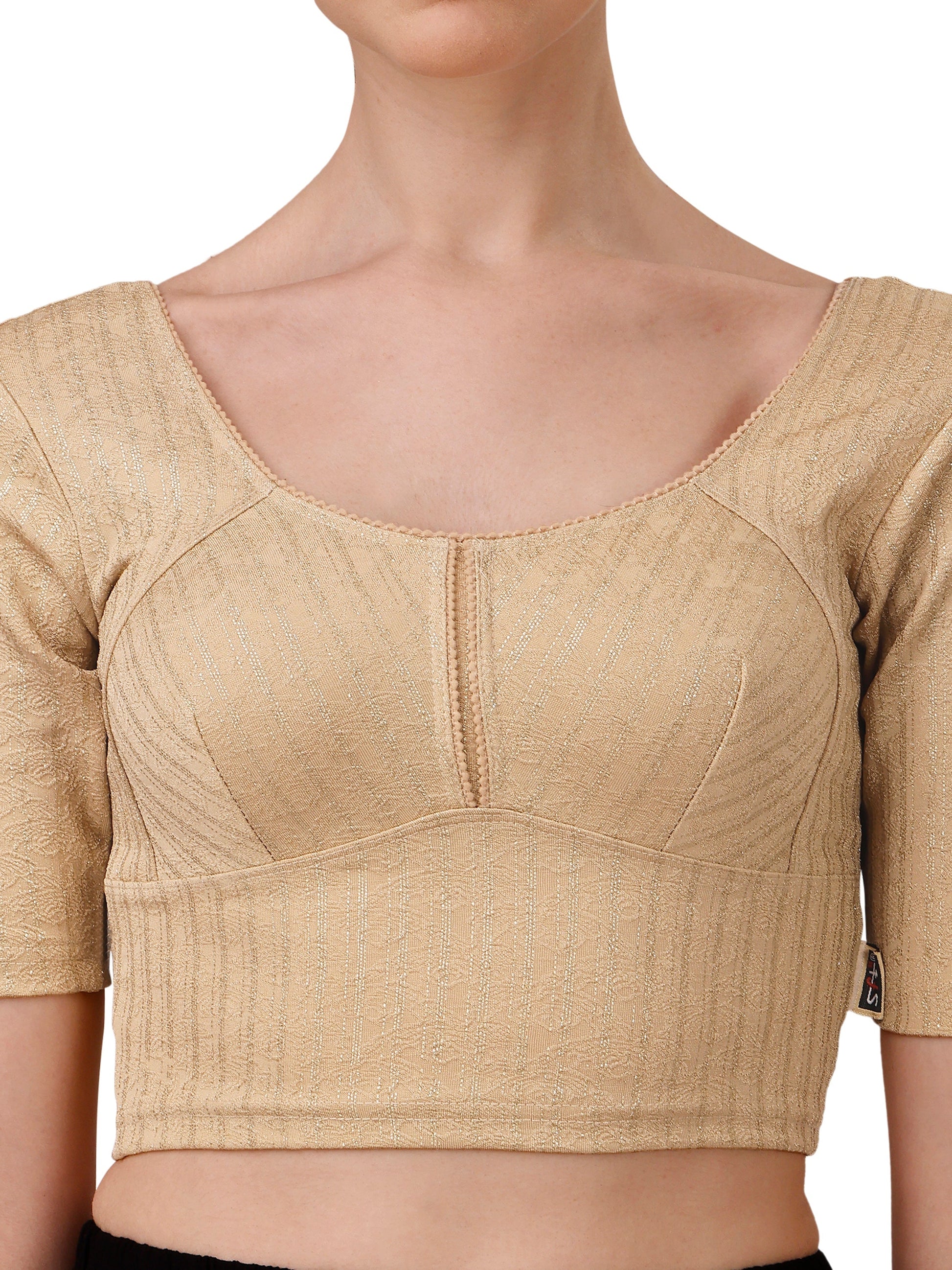 Buy Round Neck Cotton Lycra Stretchable Elbow Sleeves Readymade Saree Blouse Online.