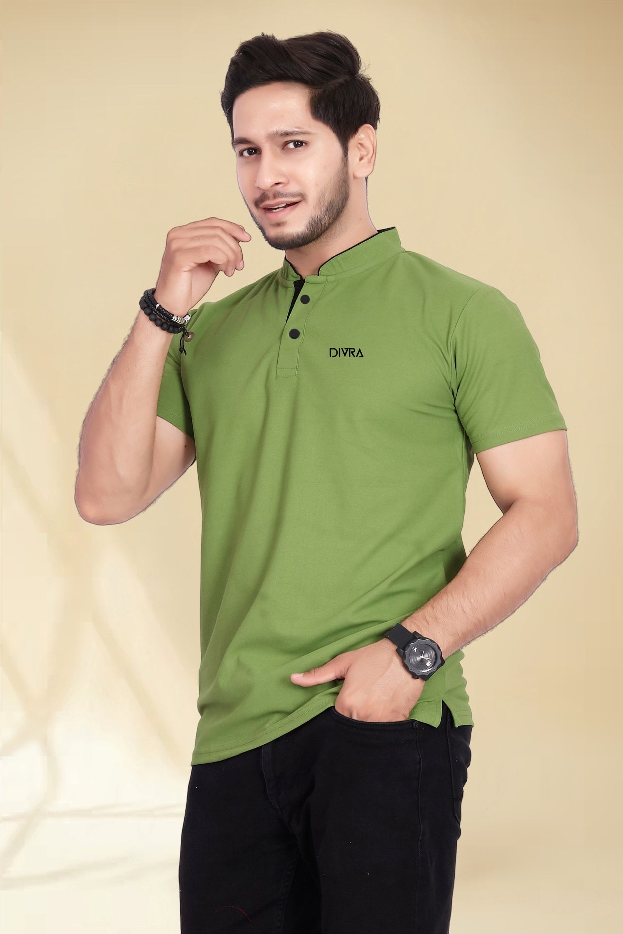 Buy Mandarin Collar Tshirt for Men  Leave Green online