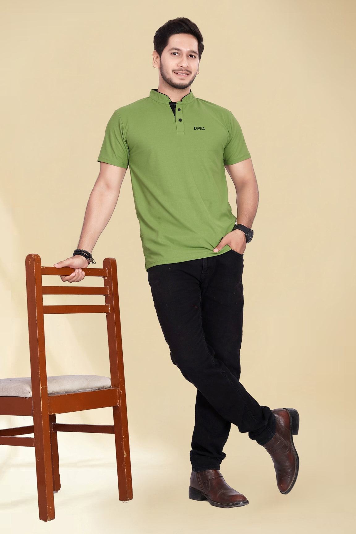 Buy Mandarin Collar Tshirt for Men  Leave Green online