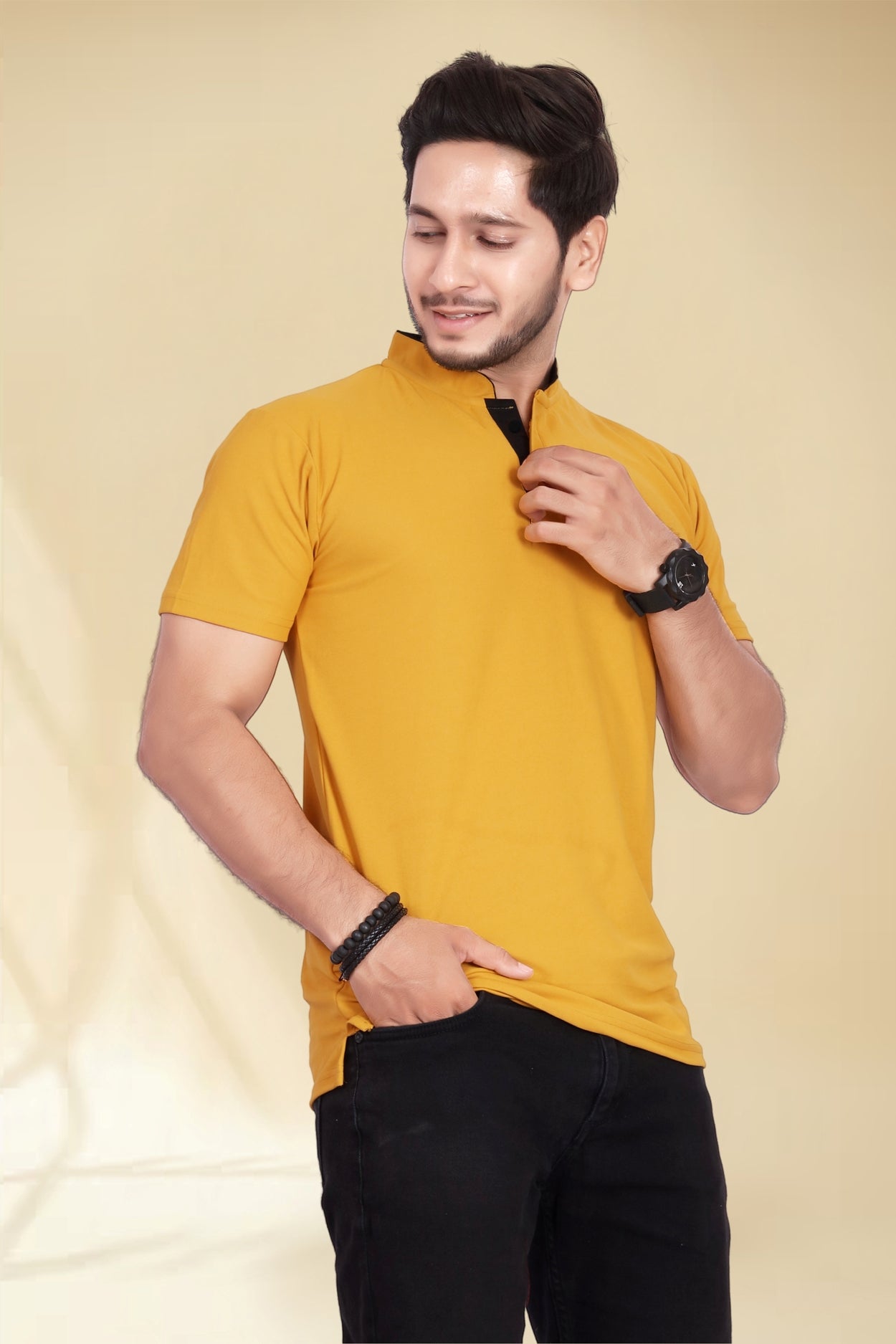 Buy Mandarin Collar Tshirt for Men  Mustard Yellow online