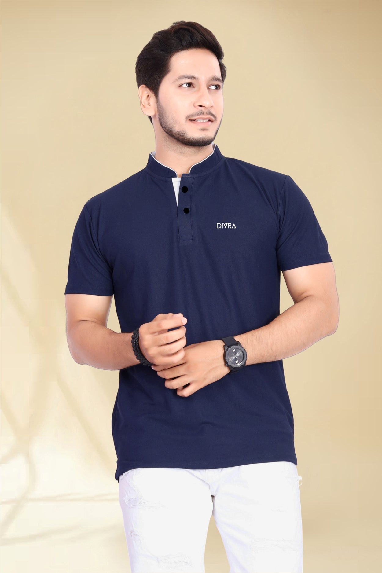 Buy Mandarin Collar Tshirt for Men  Navy Blue online