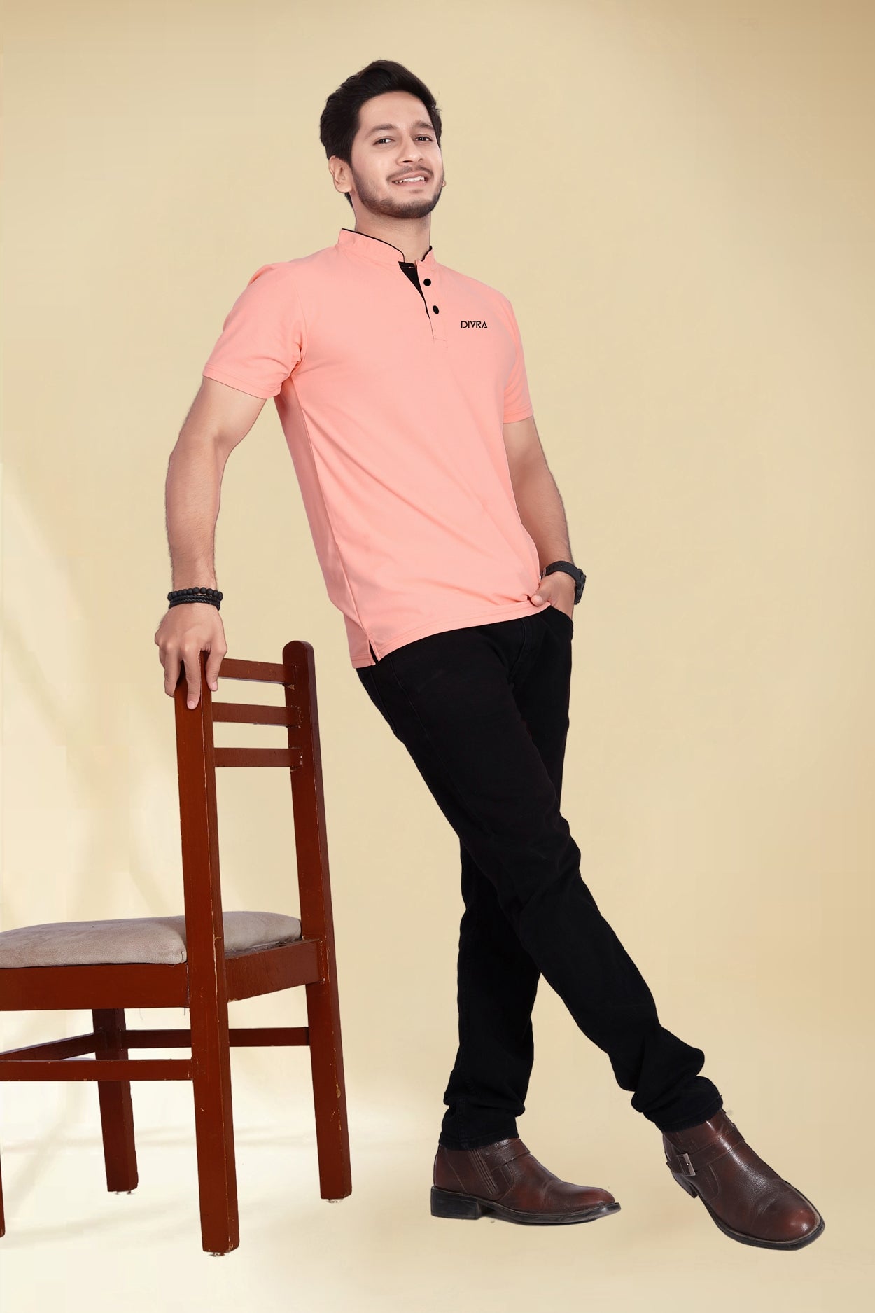 Buy Mandarin Collar Tshirt for Men  Peach online