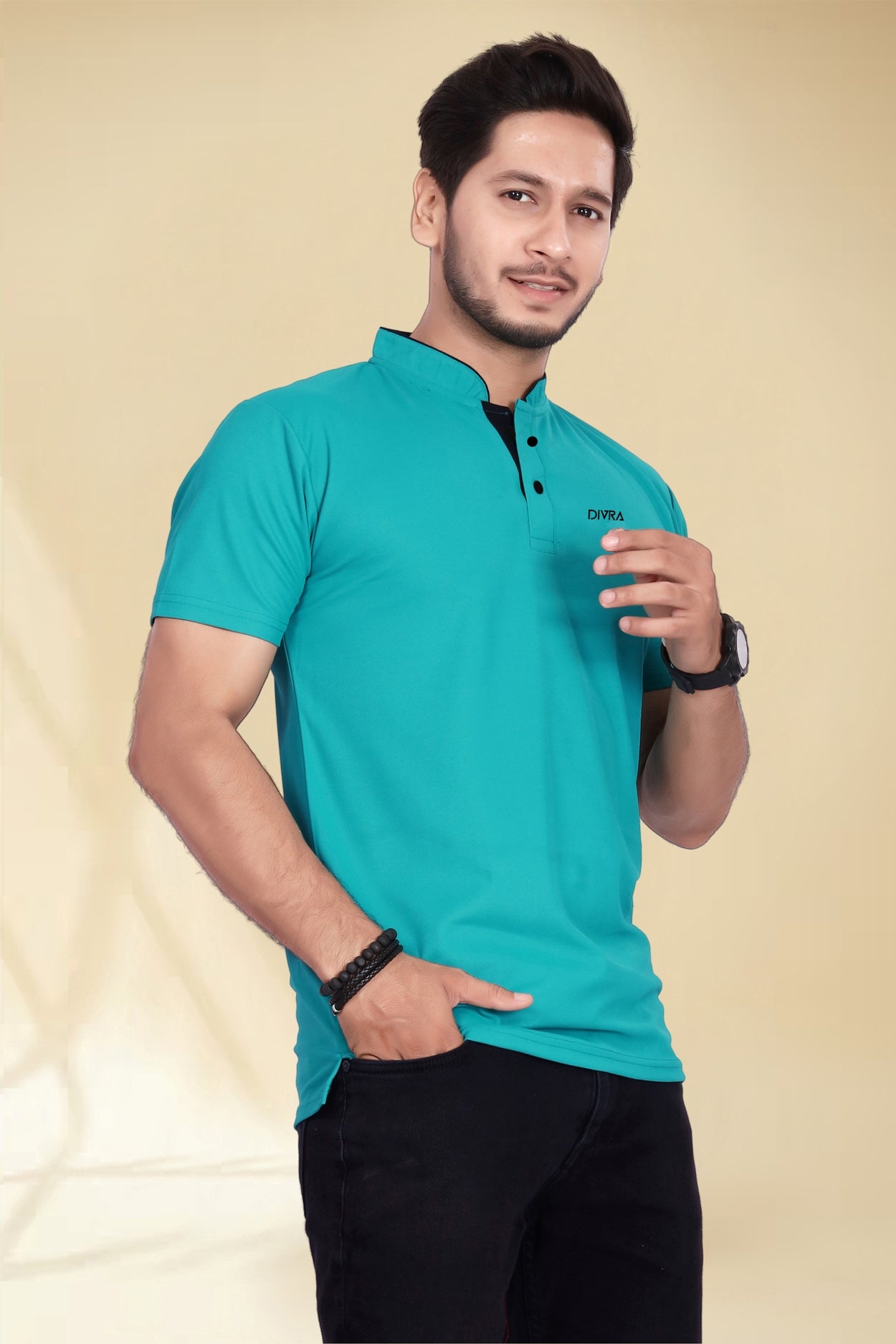 Buy Mandarin Collar Tshirt for Men  Turquoise Blue online