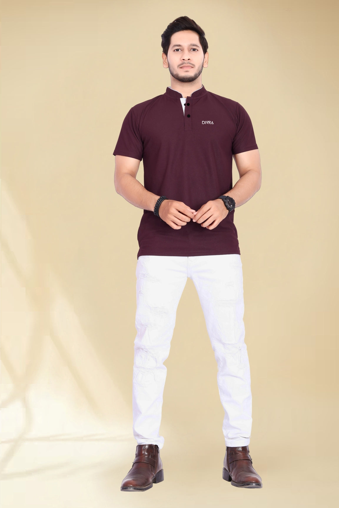 Buy Mandarin Collar Tshirt for Men  Wine online