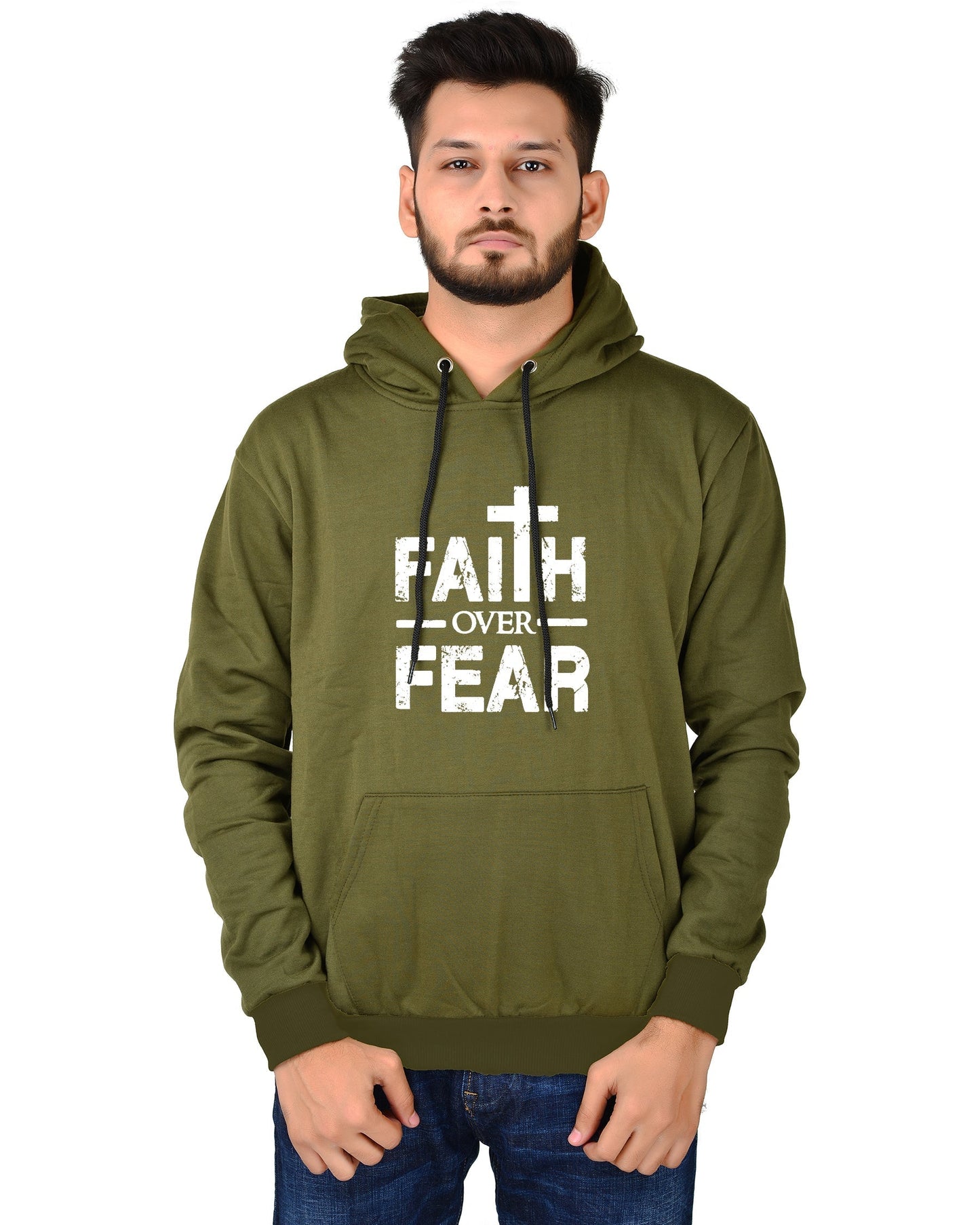Men's Regular Fit Faith Over Fear Printed Cotton Hoodie