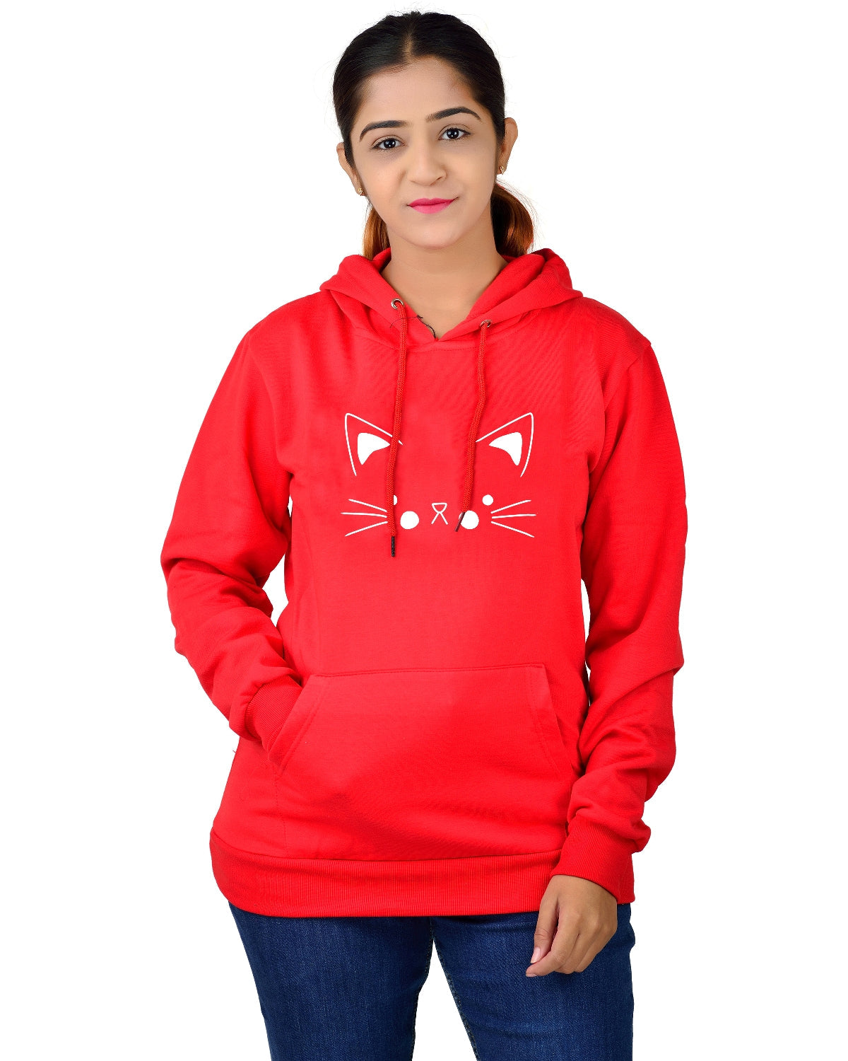 Women,s Regular Fit Cat Printed Cotton Hoodie