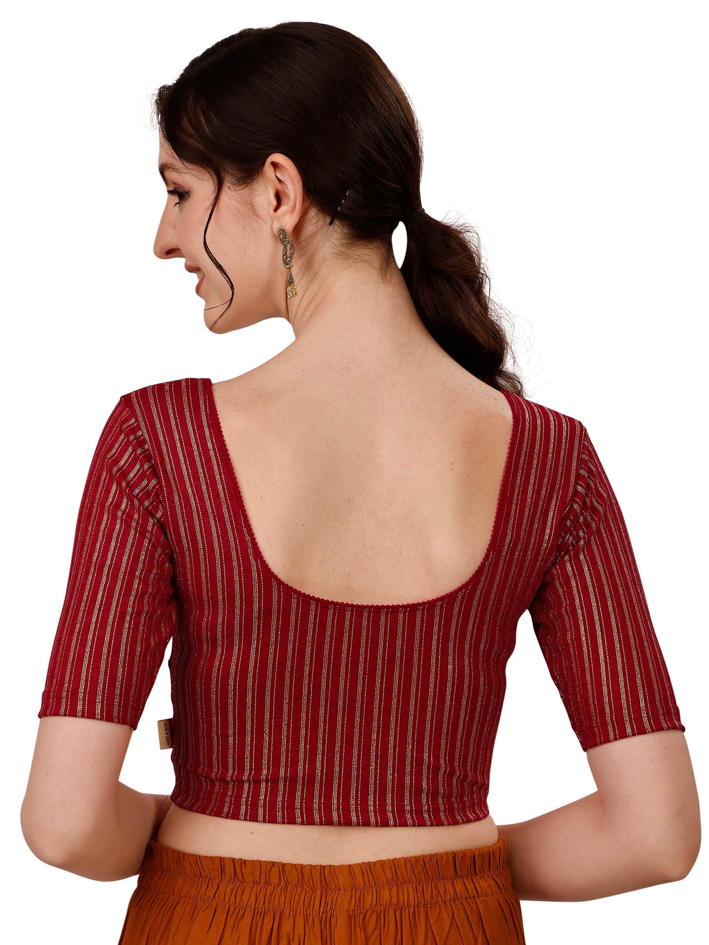 Buy Round Neck Cotton Lycra Stretchable Elbow Sleeves Readymade Saree Blouse Online.