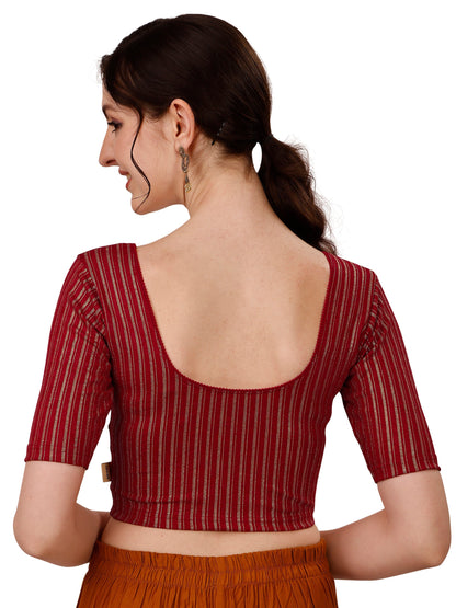 Buy Round Neck Cotton Lycra Stretchable Elbow Sleeves Readymade Saree Blouse Online.