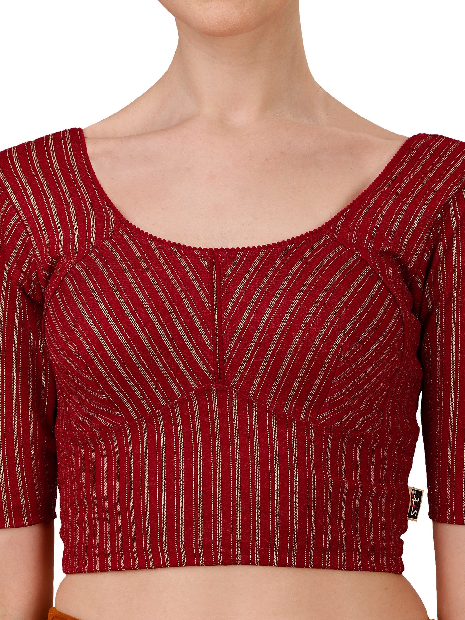 Buy Round Neck Cotton Lycra Stretchable Elbow Sleeves Readymade Saree Blouse Online.