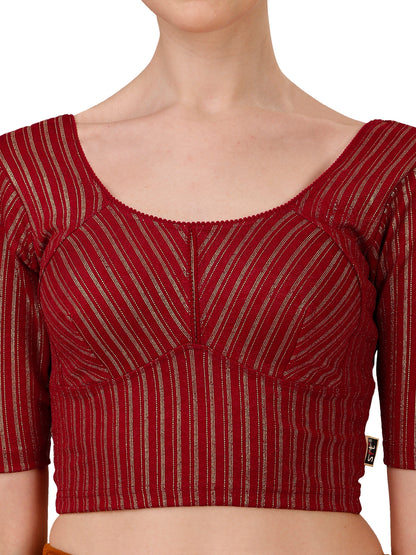 Buy Round Neck Cotton Lycra Stretchable Elbow Sleeves Readymade Saree Blouse Online.