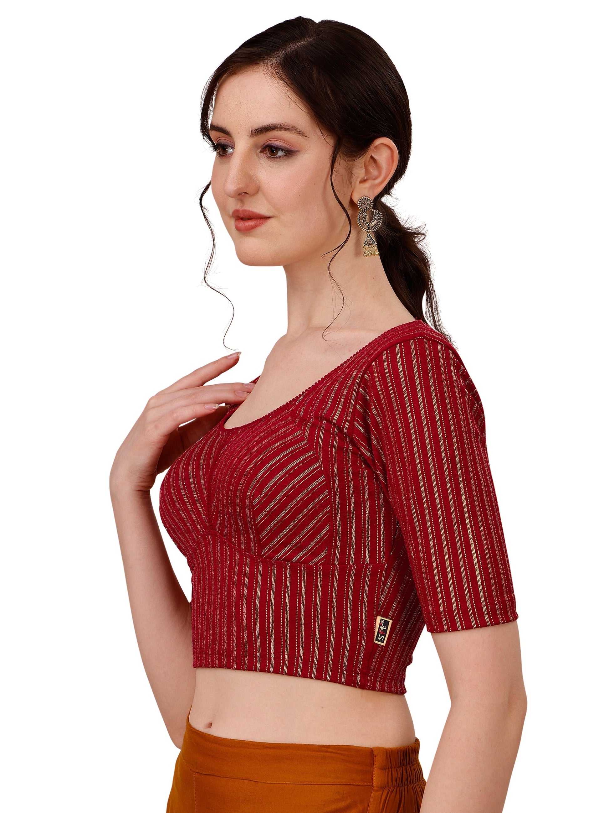 Buy Round Neck Cotton Lycra Stretchable Elbow Sleeves Readymade Saree Blouse Online.