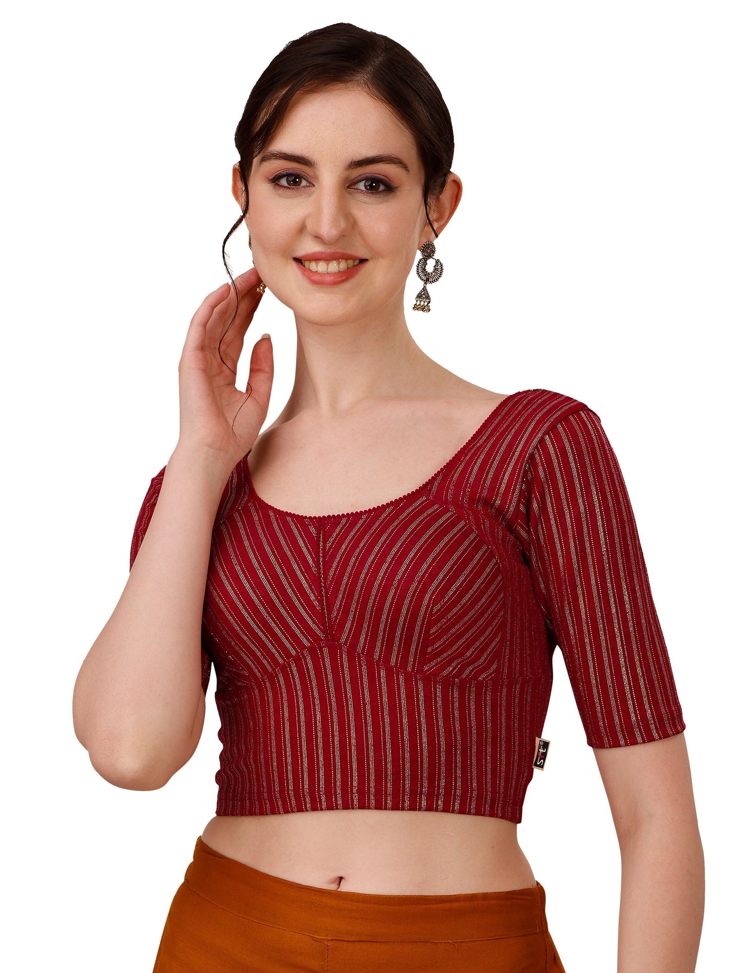 Buy Round Neck Cotton Lycra Stretchable Elbow Sleeves Readymade Saree Blouse Online.