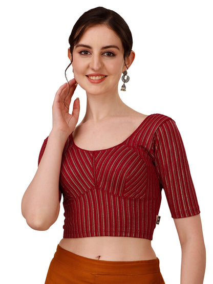 Buy Round Neck Cotton Lycra Stretchable Elbow Sleeves Readymade Saree Blouse Online.