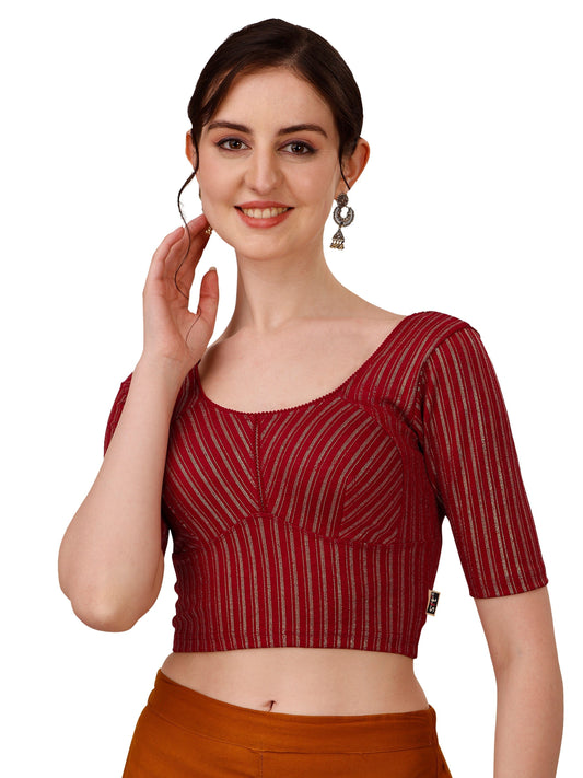 Buy Round Neck Cotton Lycra Stretchable Elbow Sleeves Readymade Saree Blouse Online.