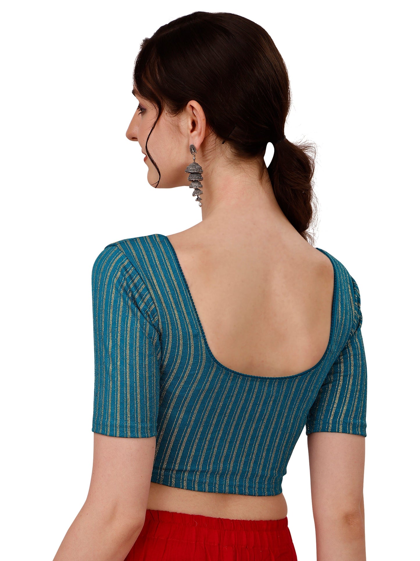 Buy Round Neck Cotton Lycra Stretchable Elbow Sleeves Readymade Saree Blouse Online.