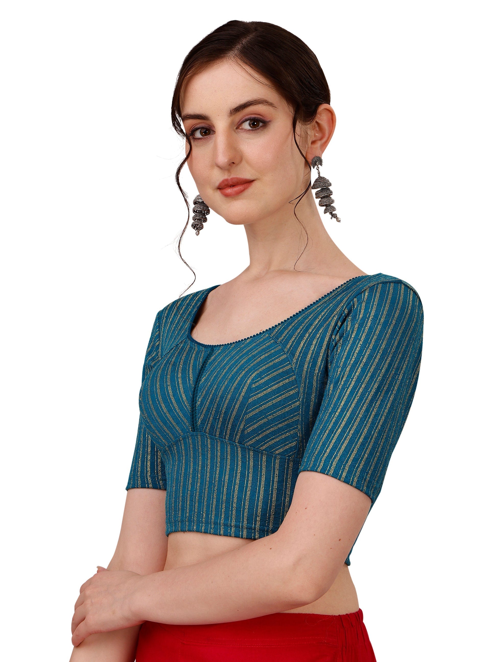 Buy Round Neck Cotton Lycra Stretchable Elbow Sleeves Readymade Saree Blouse Online.