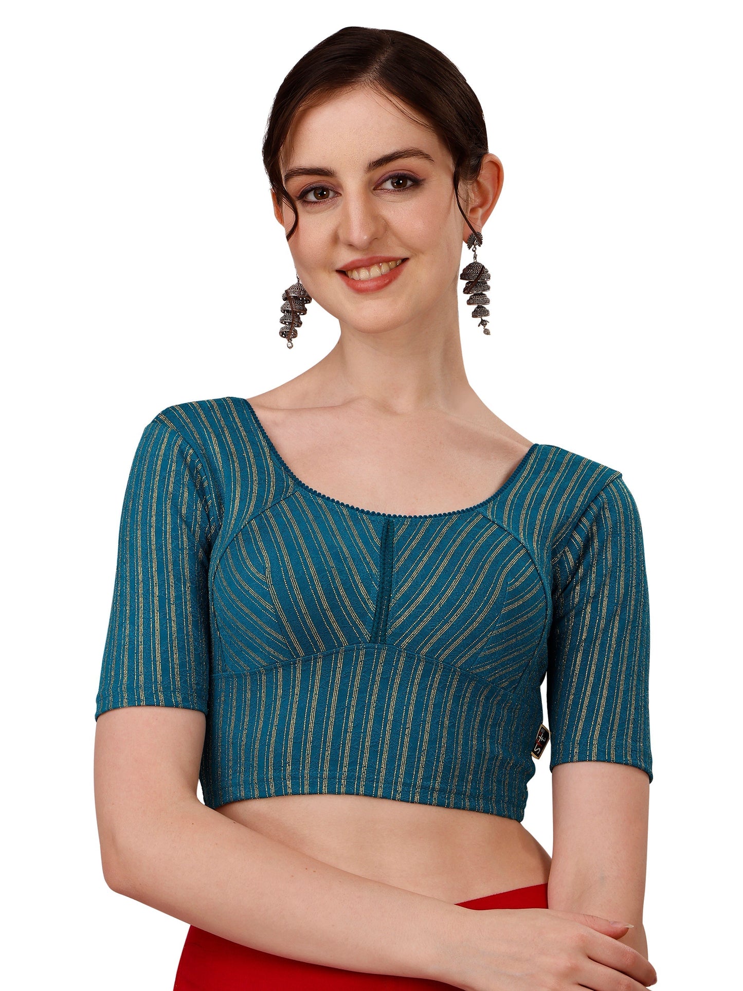 Buy Round Neck Cotton Lycra Stretchable Elbow Sleeves Readymade Saree Blouse Online.