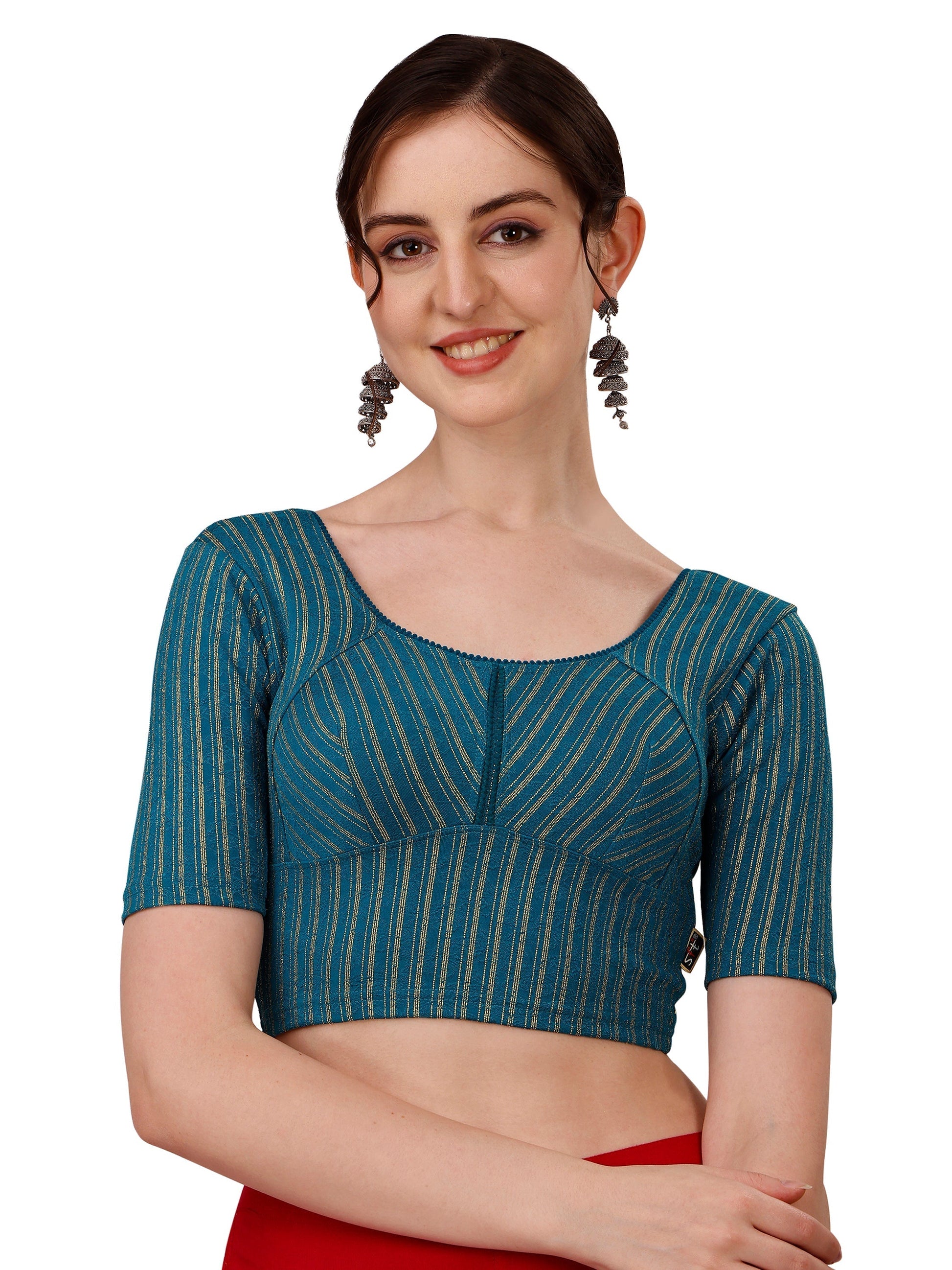 Buy Round Neck Cotton Lycra Stretchable Elbow Sleeves Readymade Saree Blouse Online.