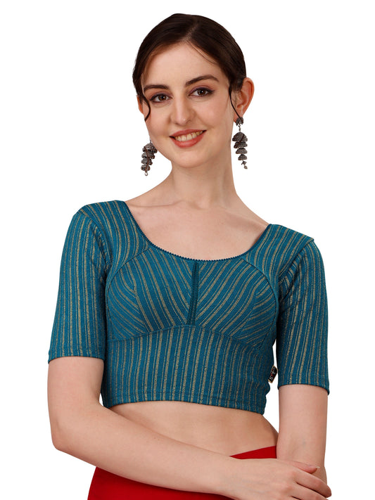 Buy Round Neck Cotton Lycra Stretchable Elbow Sleeves Readymade Saree Blouse Online.