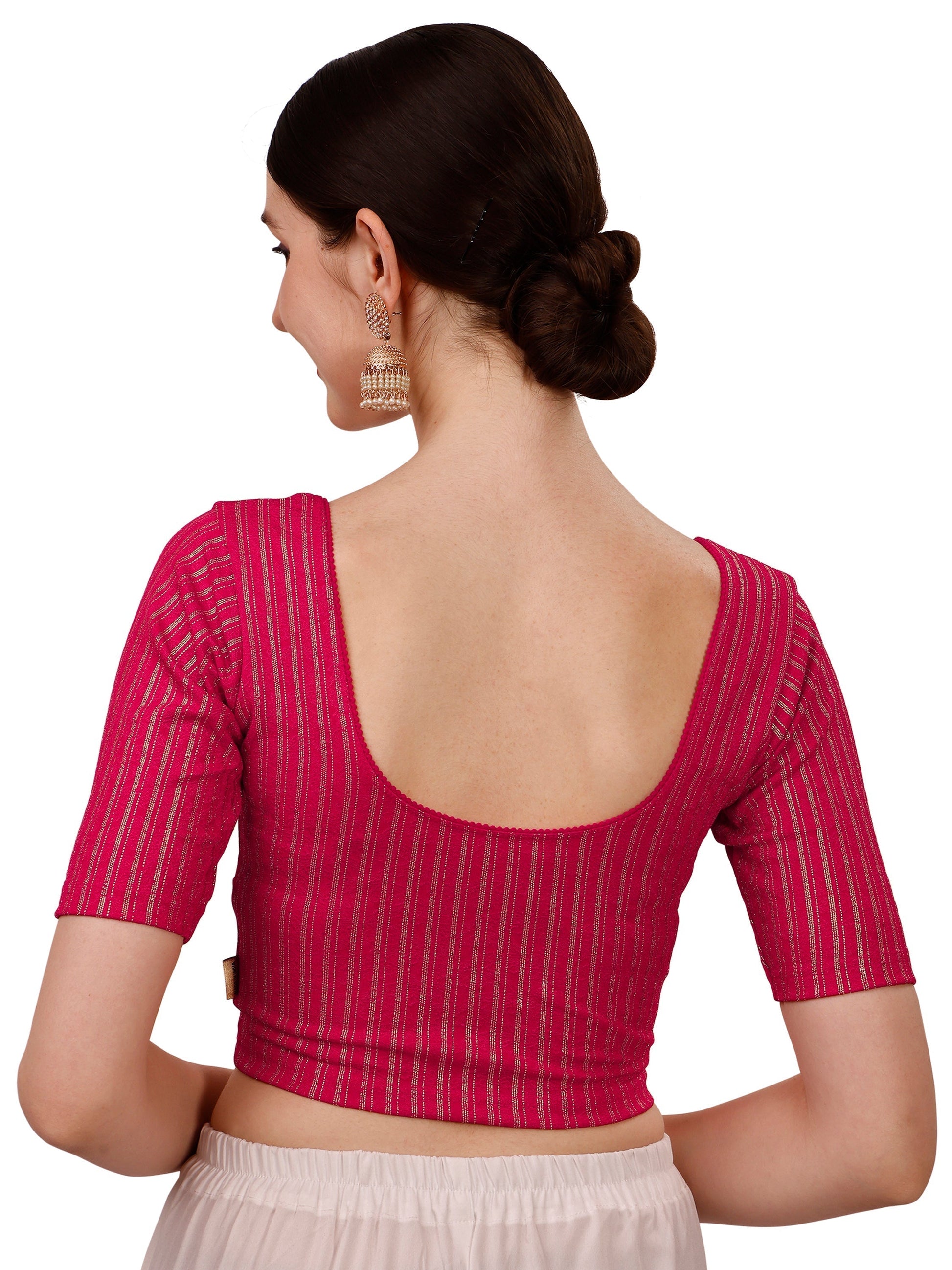Buy Round Neck Cotton Lycra Stretchable Elbow Sleeves Readymade Saree Blouse Online.