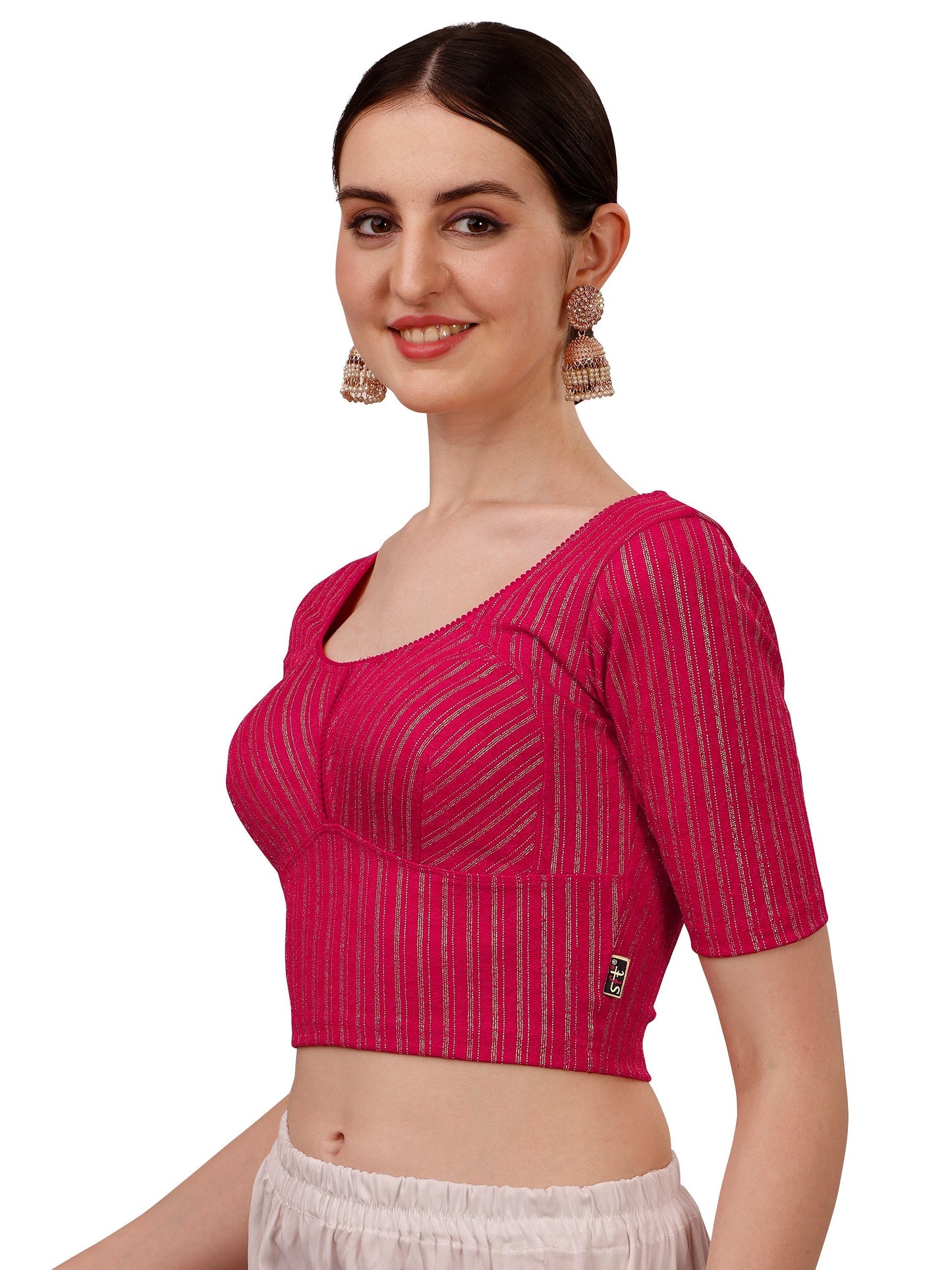 Buy Round Neck Cotton Lycra Stretchable Elbow Sleeves Readymade Saree Blouse Online.