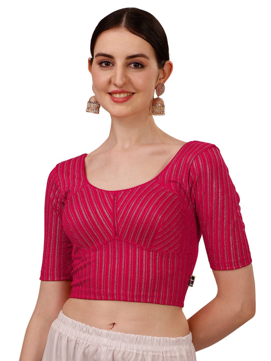 Buy Round Neck Cotton Lycra Stretchable Elbow Sleeves Readymade Saree Blouse Online.