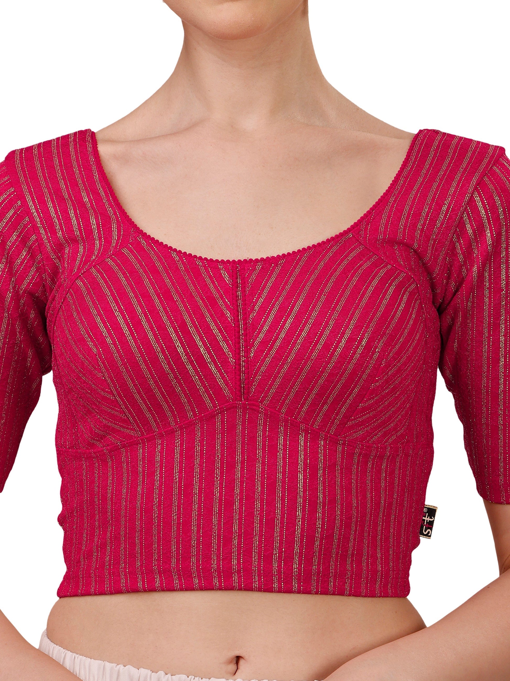 Buy Round Neck Cotton Lycra Stretchable Elbow Sleeves Readymade Saree Blouse Online.