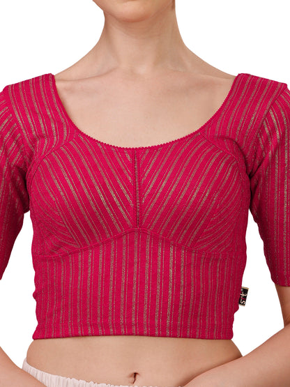 Buy Round Neck Cotton Lycra Stretchable Elbow Sleeves Readymade Saree Blouse Online.