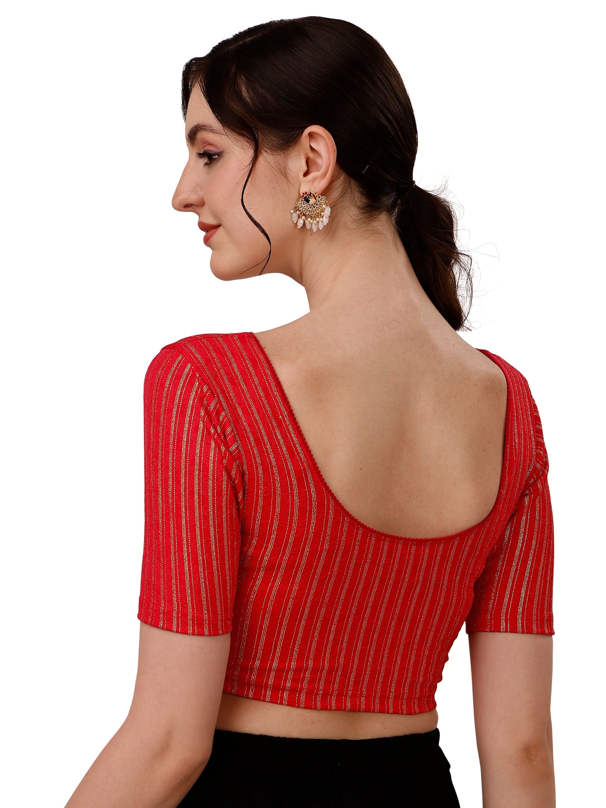 Buy Round Neck Cotton Lycra Stretchable Elbow Sleeves Readymade Saree Blouse Online.