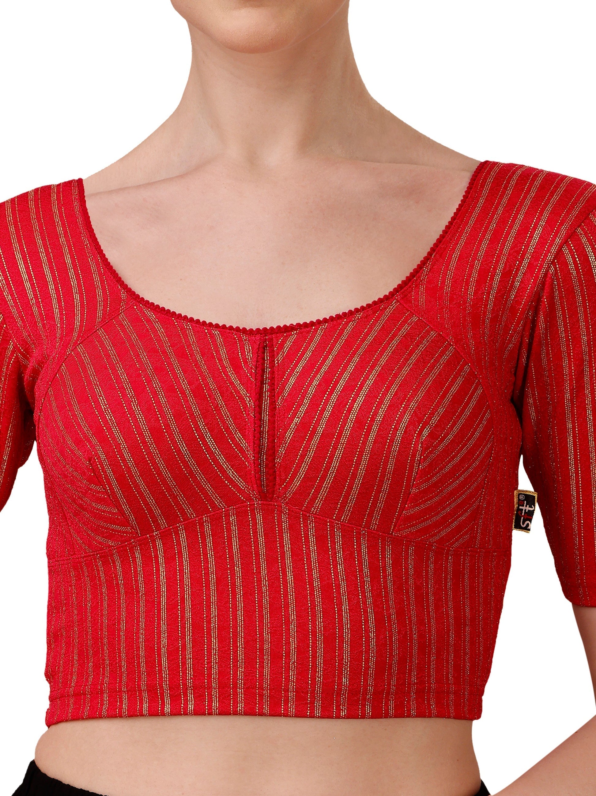 Buy Round Neck Cotton Lycra Stretchable Elbow Sleeves Readymade Saree Blouse Online.