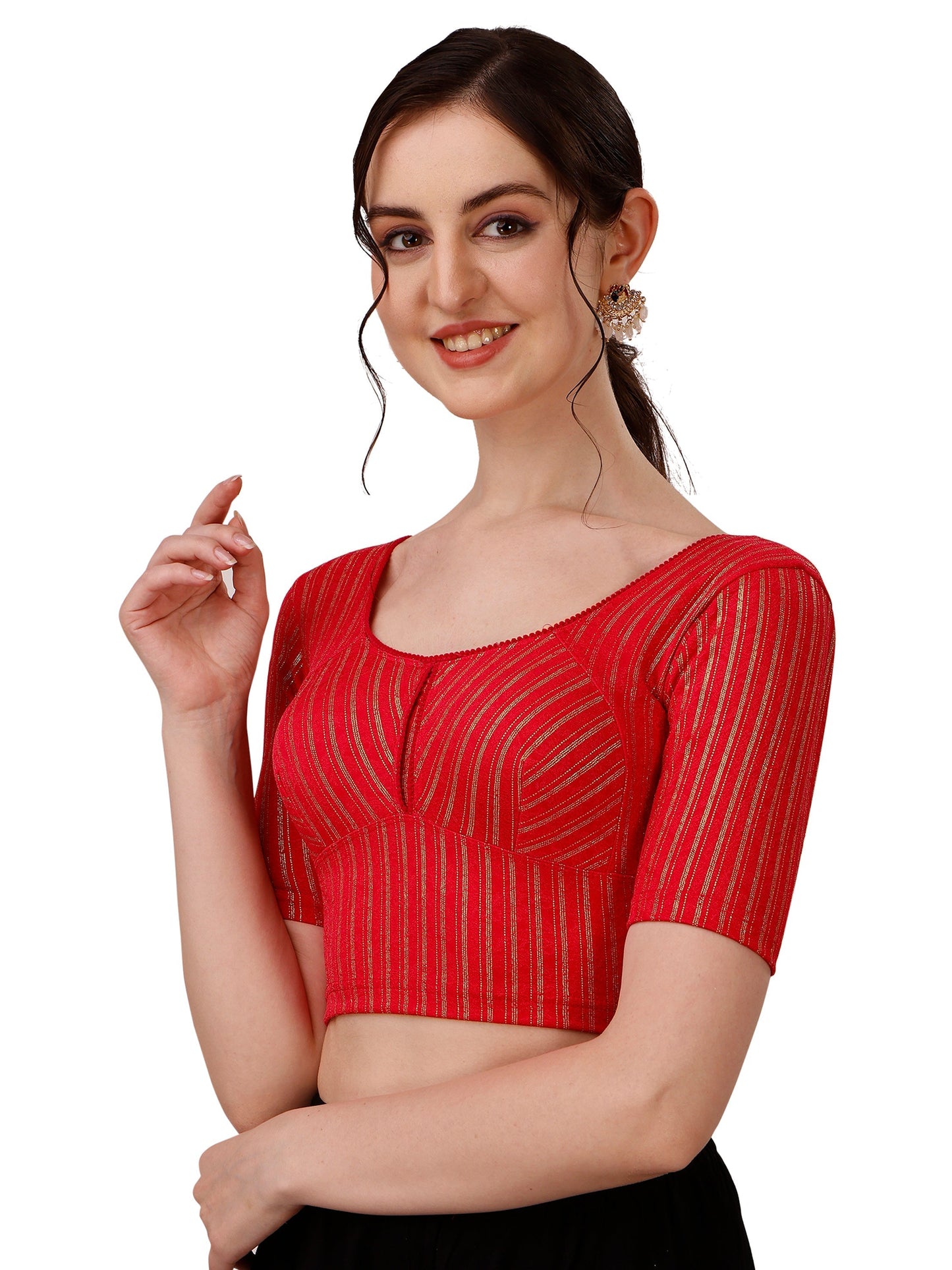 Buy Round Neck Cotton Lycra Stretchable Elbow Sleeves Readymade Saree Blouse Online.