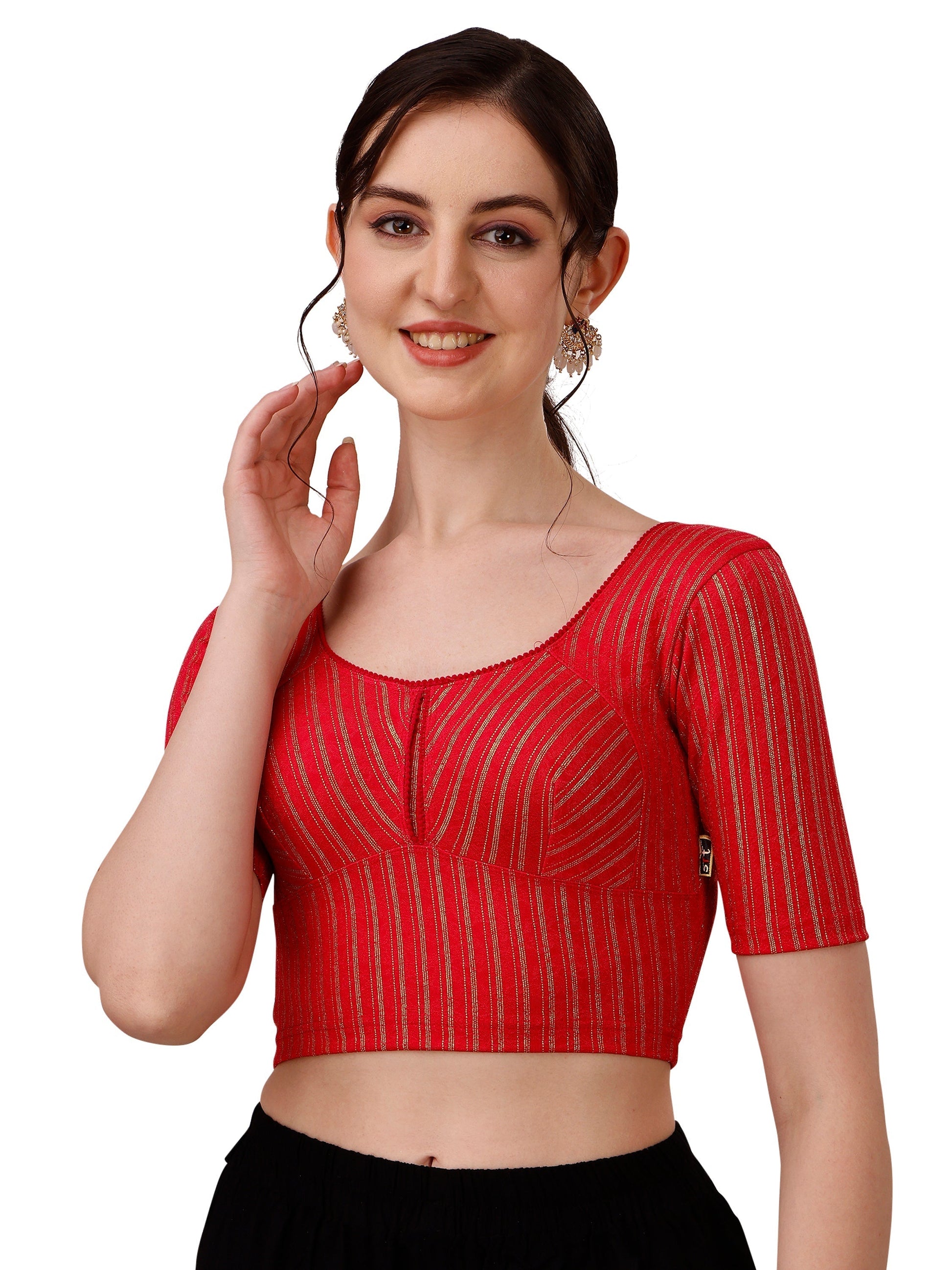 Buy Round Neck Cotton Lycra Stretchable Elbow Sleeves Readymade Saree Blouse Online.