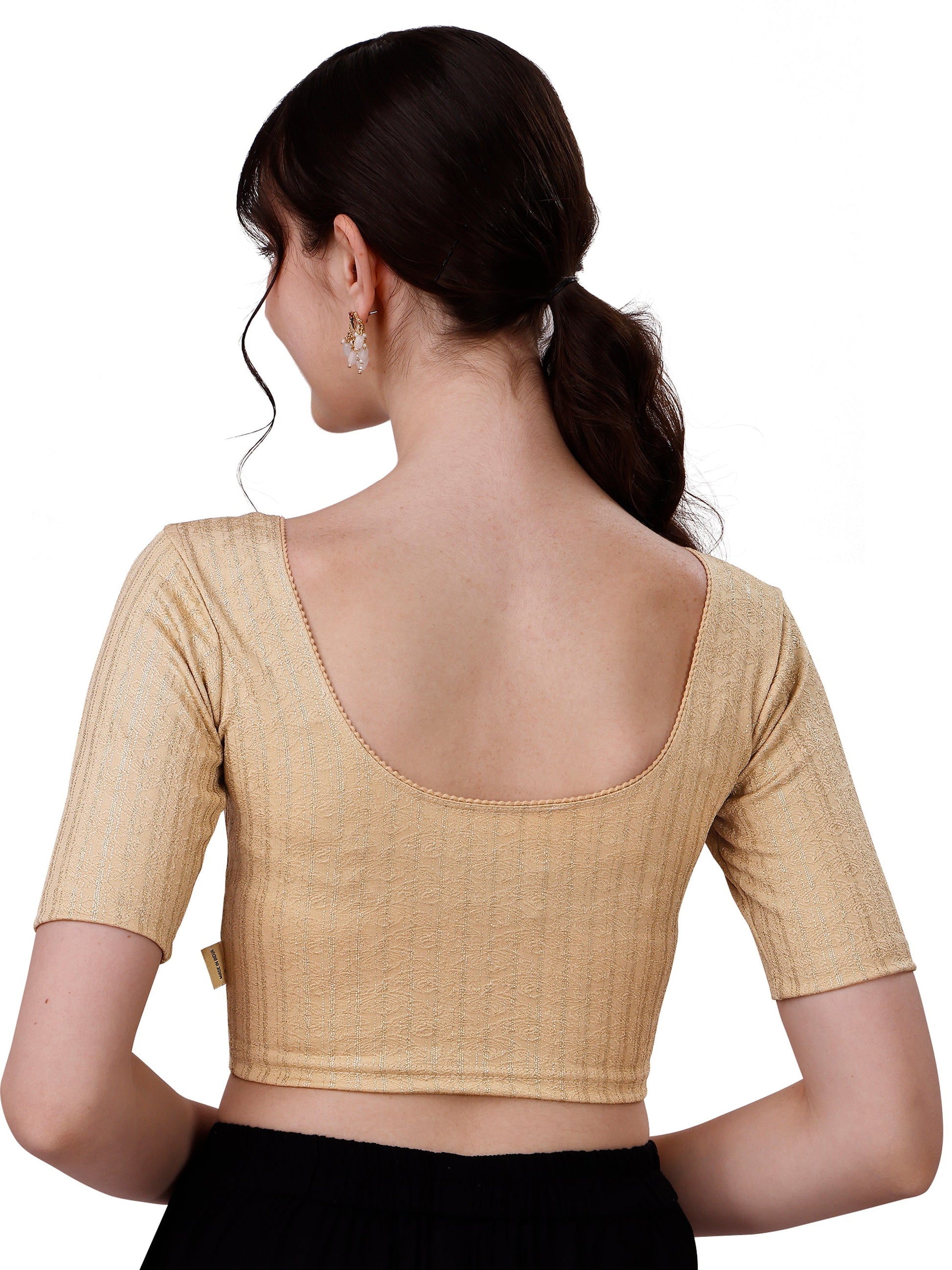 Buy Round Neck Cotton Lycra Stretchable Elbow Sleeves Readymade Saree Blouse Online.