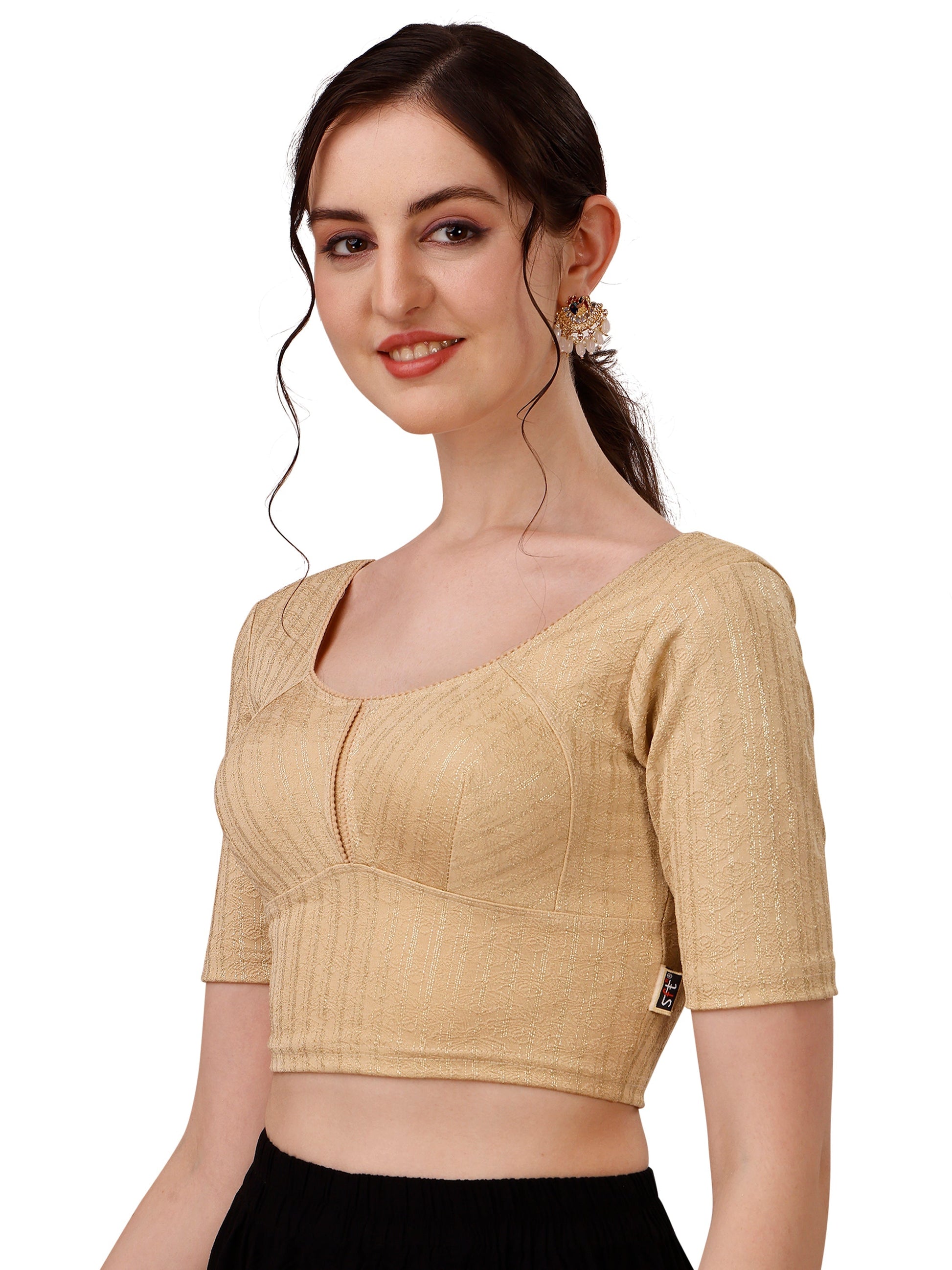 Buy Round Neck Cotton Lycra Stretchable Elbow Sleeves Readymade Saree Blouse Online.