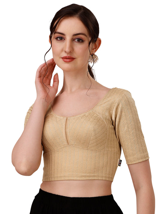 Buy Round Neck Cotton Lycra Stretchable Elbow Sleeves Readymade Saree Blouse Online.
