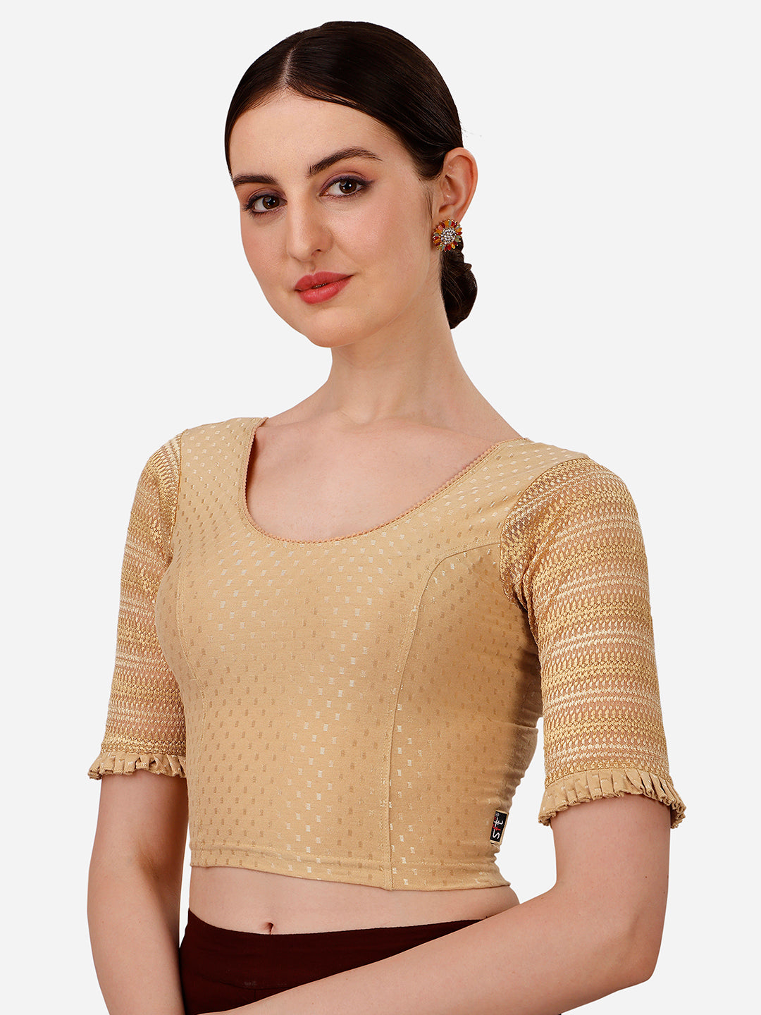 Buy Round Neck Cotton Lycra Stretchable Laced Elbow Sleeves Skin Ready made Saree Blouse Online.