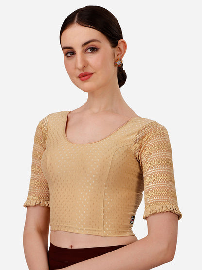 Buy Round Neck Cotton Lycra Stretchable Laced Elbow Sleeves Skin Ready made Saree Blouse Online.