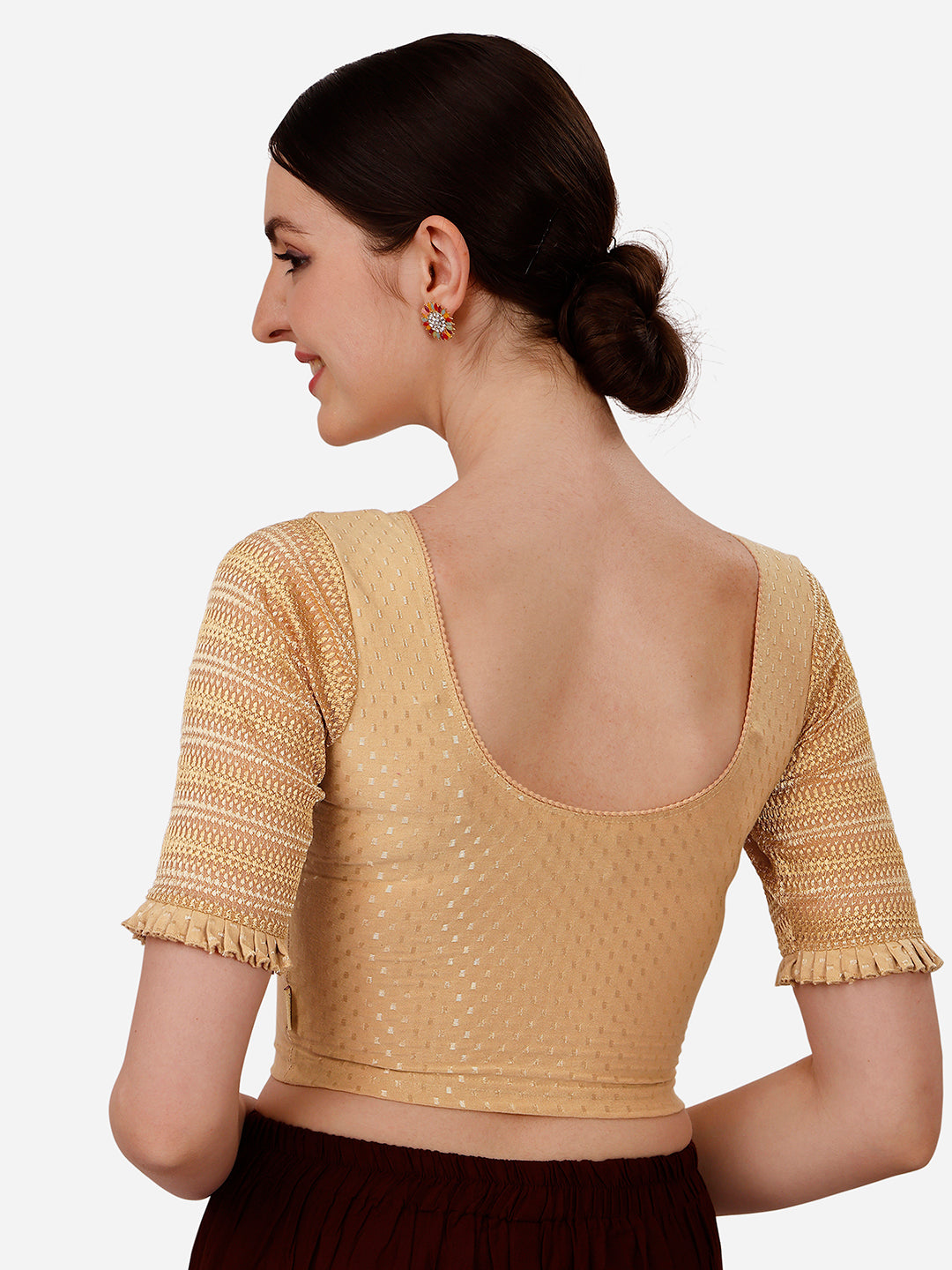 Buy Round Neck Cotton Lycra Stretchable Laced Elbow Sleeves Skin Ready made Saree Blouse Online.