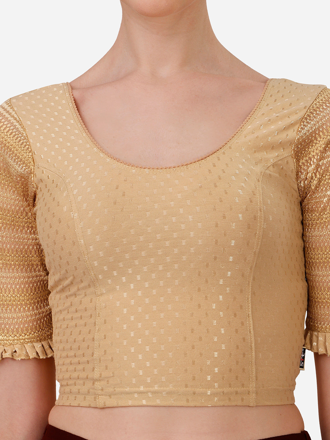 Buy Round Neck Cotton Lycra Stretchable Laced Elbow Sleeves Skin Ready made Saree Blouse Online.