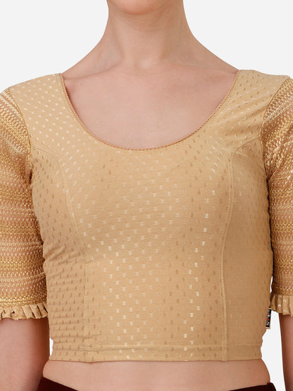 Buy Round Neck Cotton Lycra Stretchable Laced Elbow Sleeves Skin Ready made Saree Blouse Online.