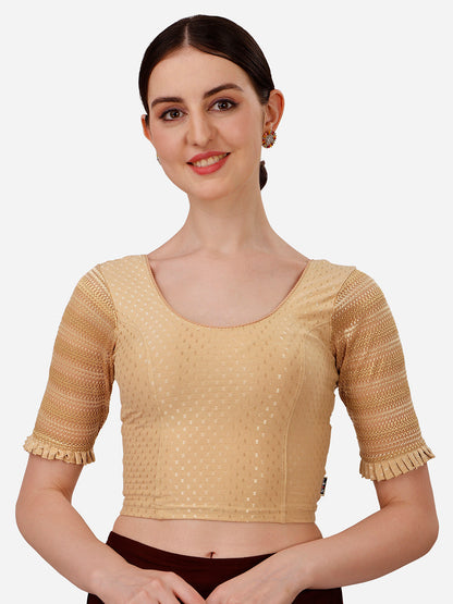 Buy Round Neck Cotton Lycra Stretchable Laced Elbow Sleeves Skin Ready made Saree Blouse Online.