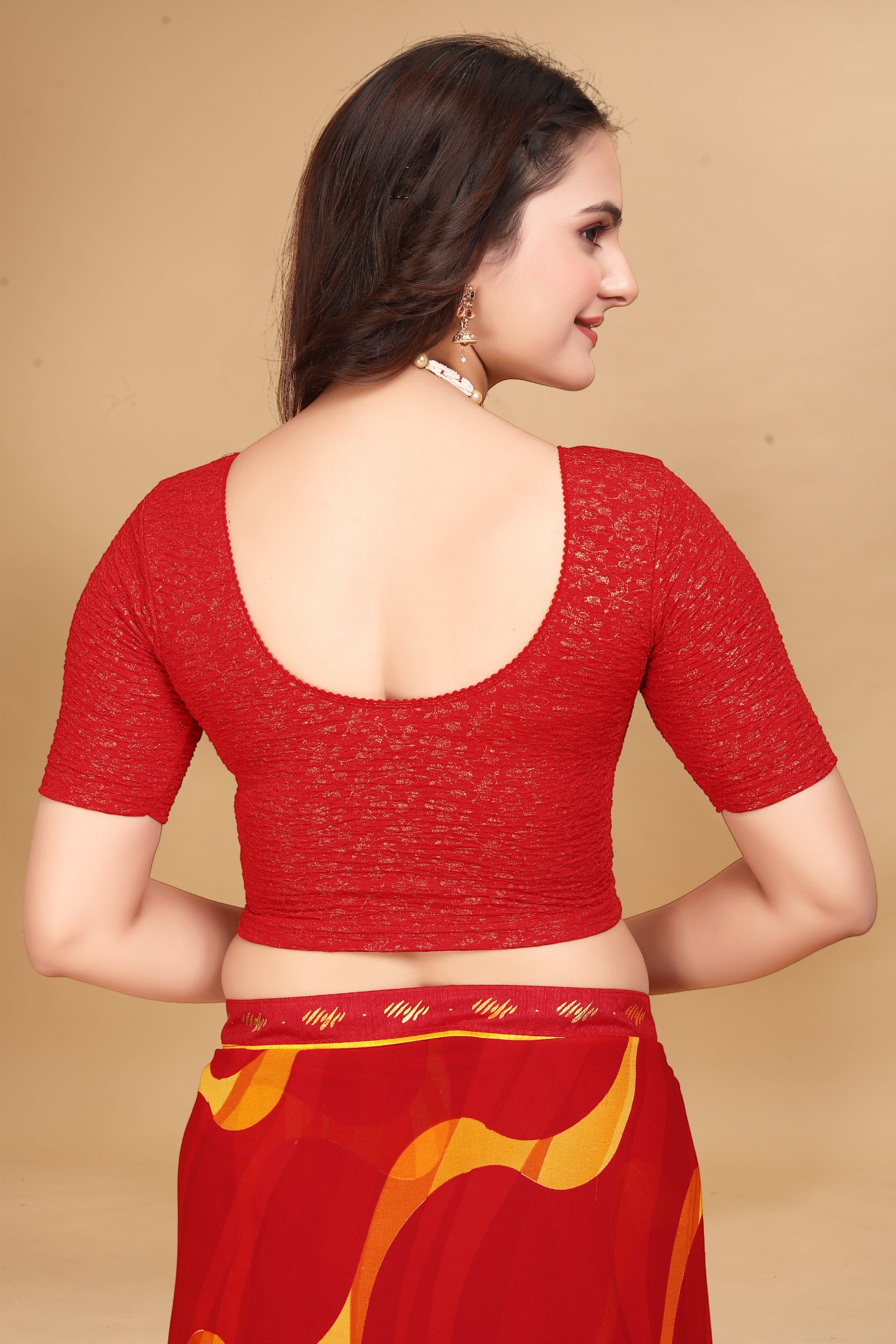 Buy Round Neck Jacquard Elbow Sleeve Red Readymade Saree Blouse for women Online.