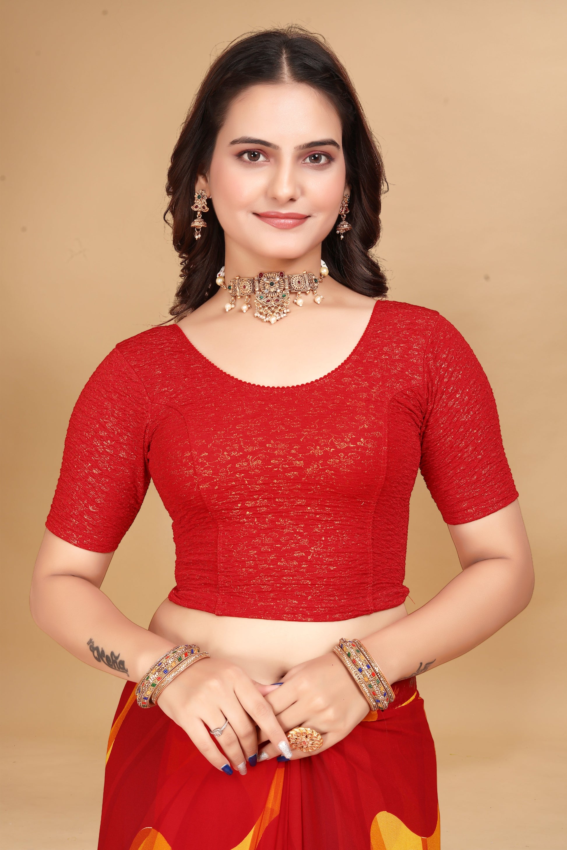 Buy Round Neck Jacquard Elbow Sleeve Red Readymade Saree Blouse for women Online.