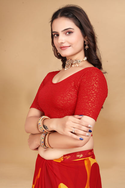 Buy Round Neck Jacquard Elbow Sleeve Red Readymade Saree Blouse for women Online.